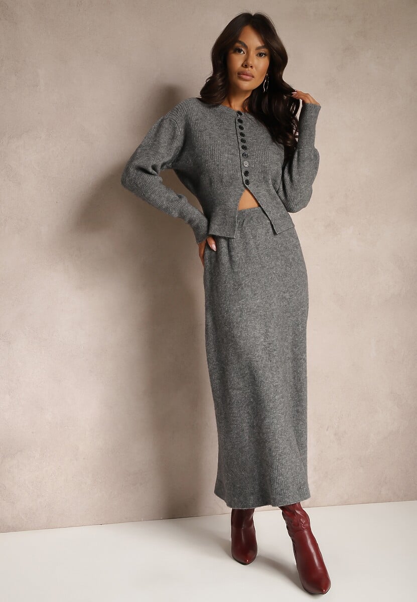 Czarny Komplet z Dzianiny z Wełną Kardigan z Guzikami i Spódnica z Gumką w Talii Melzina