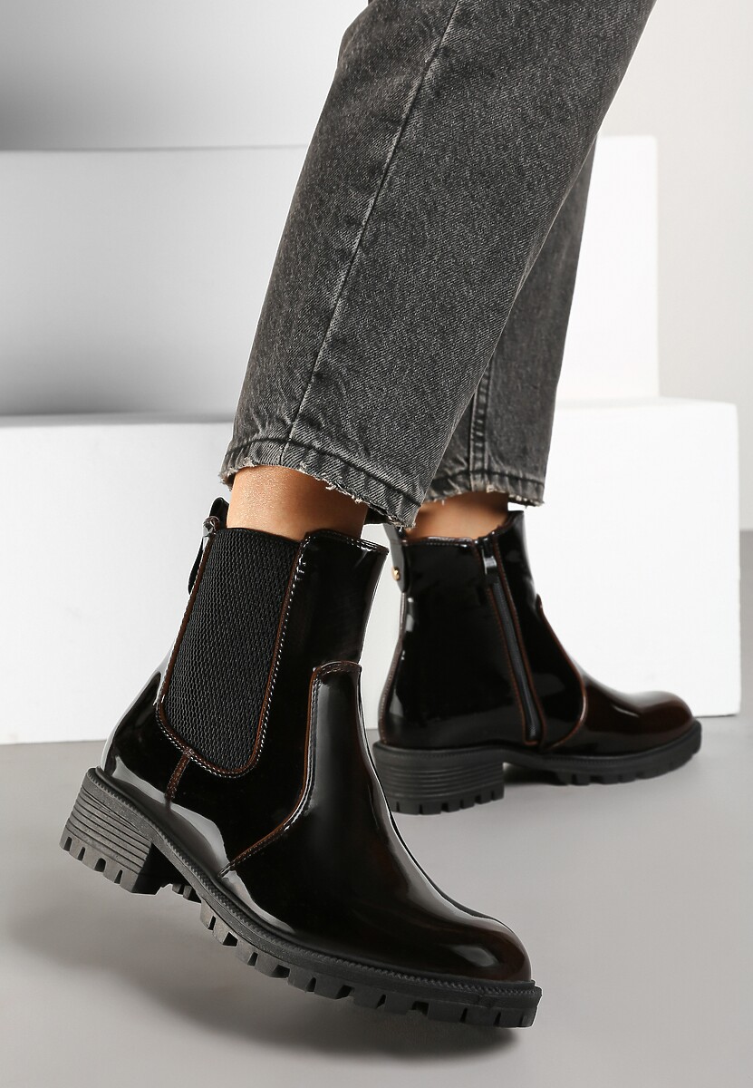 Brązowe Botki Sztyblety z Lakierowanym Połyskiem Atinarra