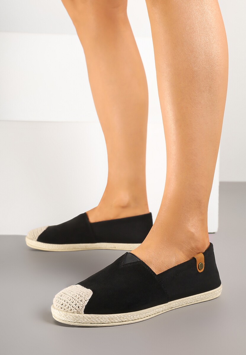 Czarne Espadryle z Elastyczną Wstawką Zdobione Plecionką Kinellis