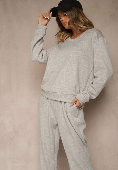 Szary Komplet Dresowy z Bawełną Spodnie ze Ściągaczami i Bluza Nirrive