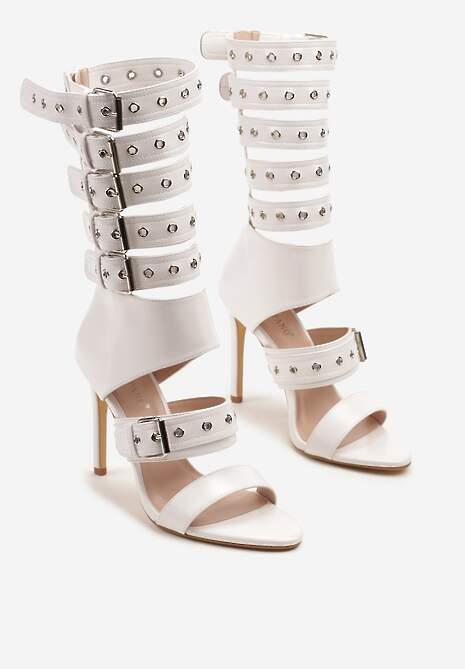 Białe Sandały Botki na Obcasie Zdobione Paskami ze Sprzączkami Idamirea