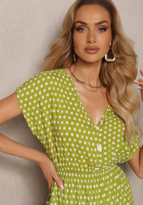 Jasnozielona Sukienka z Bawełny o Rozkloszowanym Kroju z Gumką w Talii Emilla