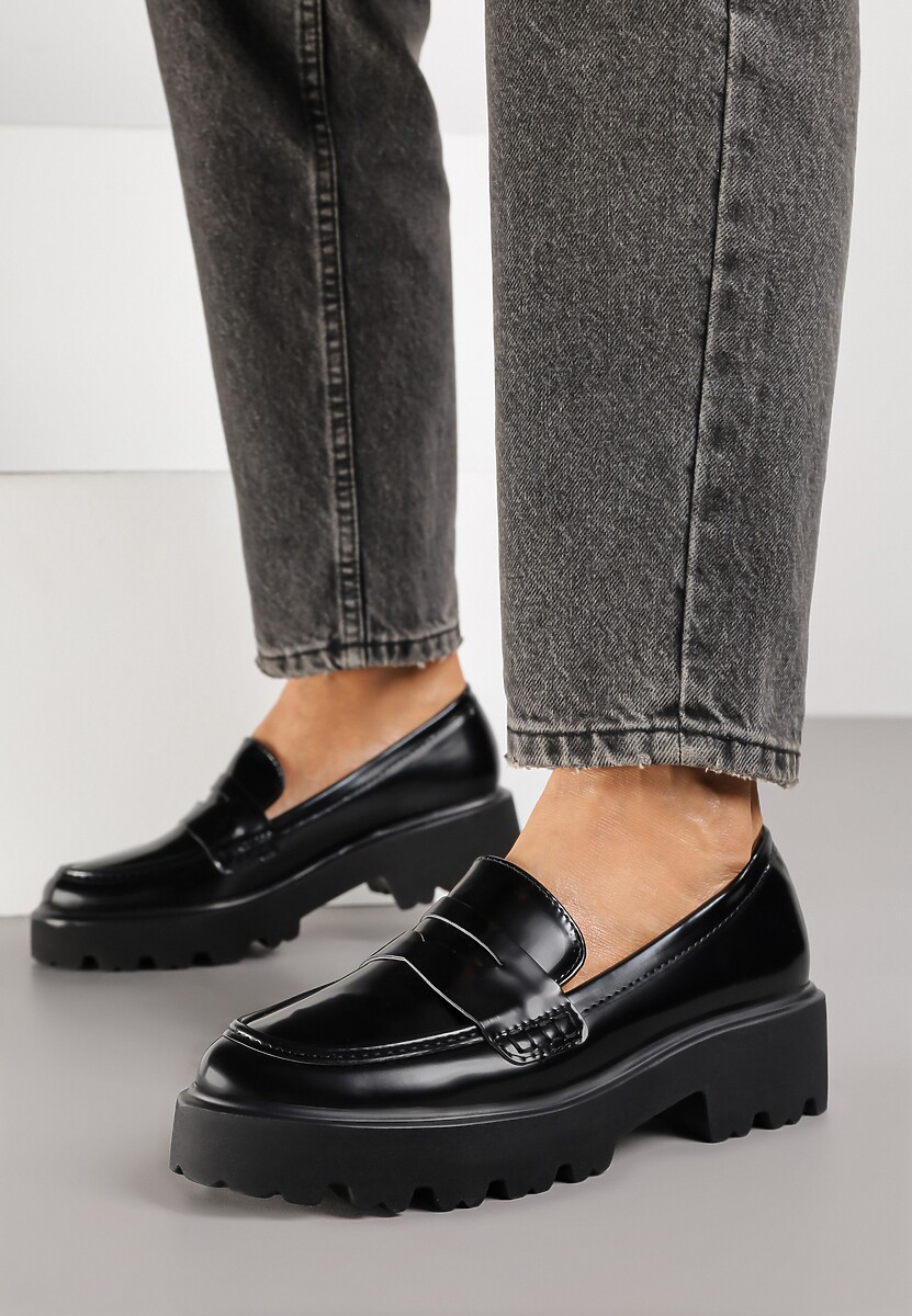 Czarne Mokasyny z Imitacji Skóry na Grubej Podeszwie Inran