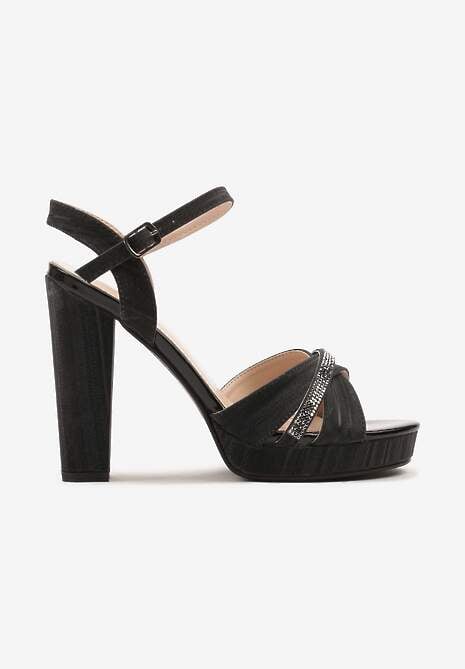 Czarne Brokatowe Sandały na Obcasie z Biżuteryjnym Paseczkiem Liarana