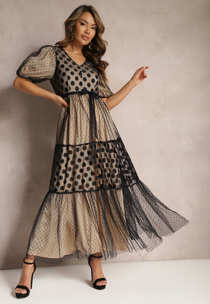 Beżowo-Czarna  Maxi Sukienka Tiulowa Rozkloszowana z Paskiem i Bufiastymi Rękawami Bervilla