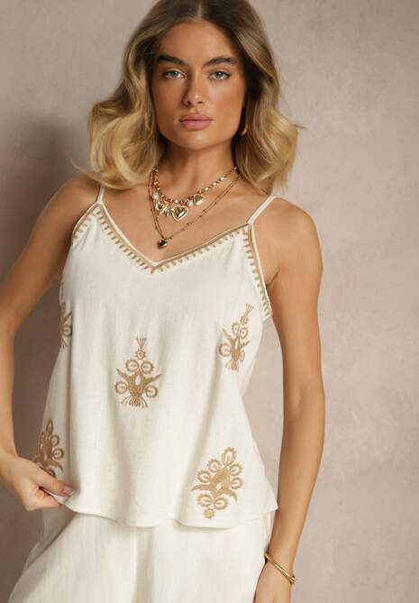 Beżowy Top z Wiskozą Lnem i Haftowanym Wzorem Natilione