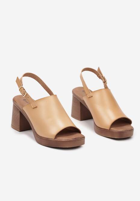 Beżowe Casualowe Sandały na Słupku z Odkrytą Piętą i Sprzączką Evola