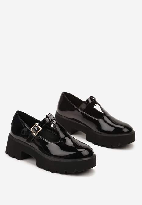 Czarne Lakierowane Półbuty na Platformie Wykończone Paskiem i Sprzączką Velariela
