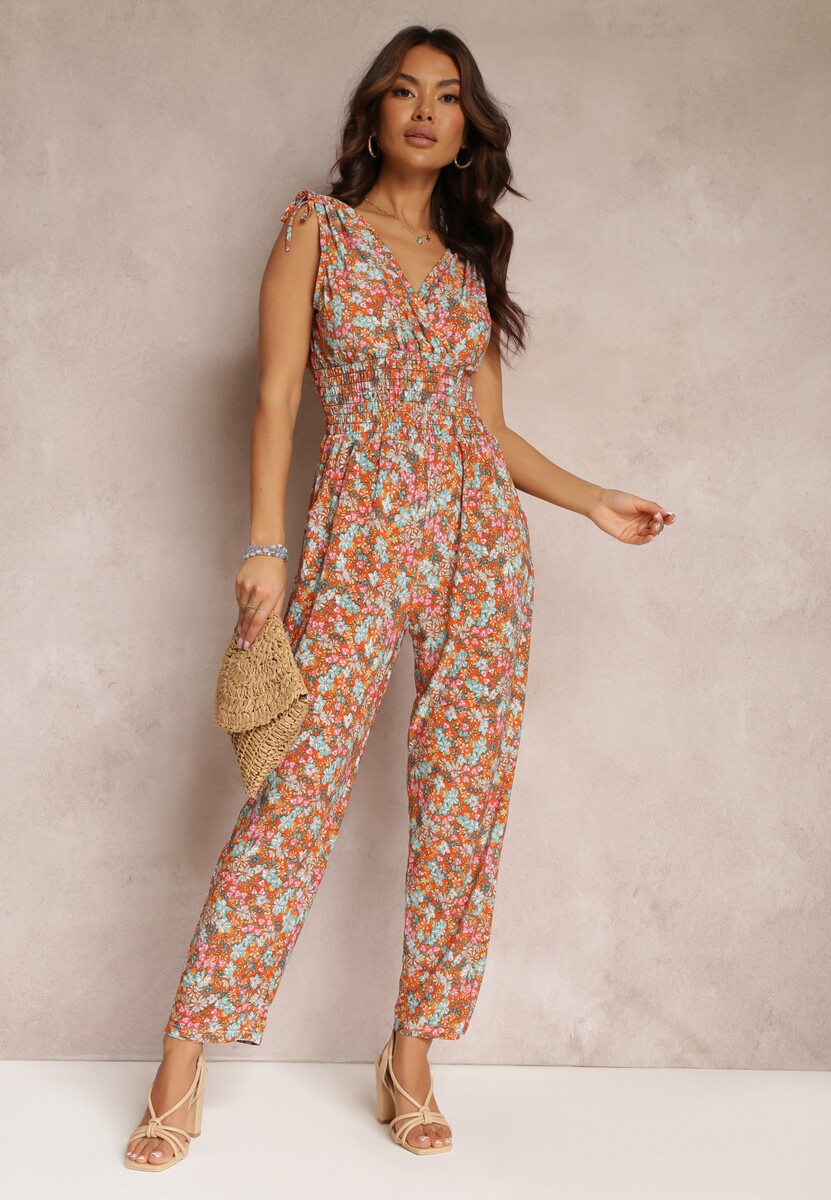Pomarańczowy Kombinezon w Kwiaty ze Ściągaczami na Ramionach i Gumkami w Pasie Kirsen