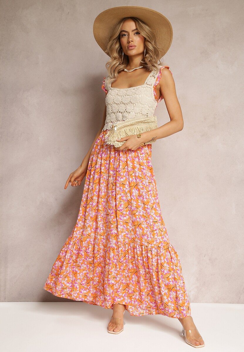 Pomarańczowa Rozkloszowana Sukienka na Ramiączkach z Haftowaną Górą Lichova