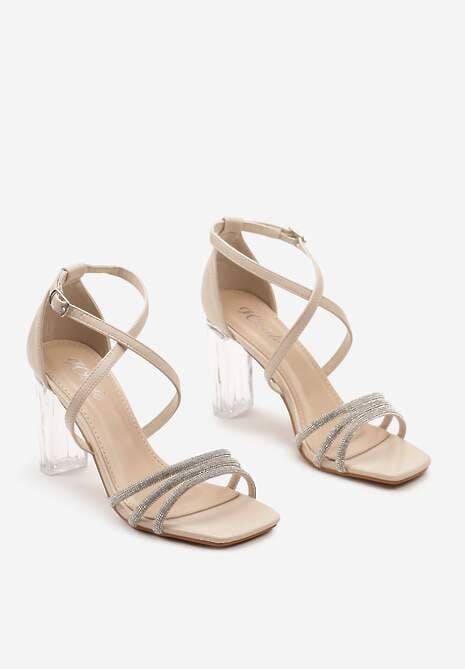 Beżowe Sandały na Transparentnym Słupku z Cyrkoniami Zapinane przy Kostce Tesaie