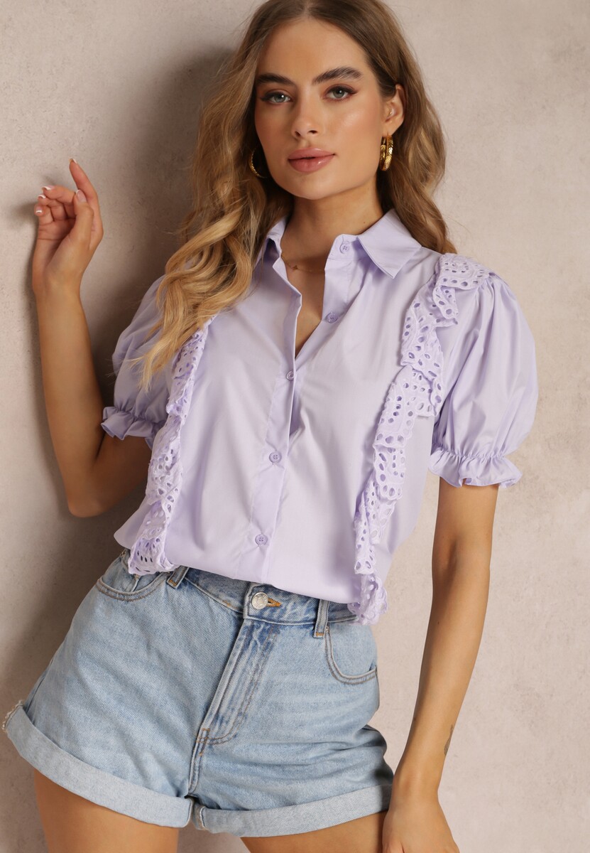 Fioletowa Koszula z Ozdobnymi Rękawami i Falbankami z Przodu Johna