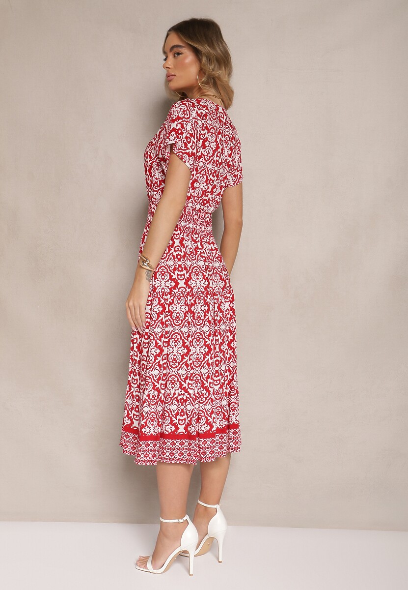Czerwona Rozkloszowana Sukienka z Bawełny w Print Paisley Lanarisa