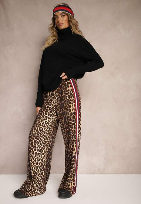 Brązowe Spodnie z Wiskozą High Waist o Szerokim Kroju z Lampasami Elosina