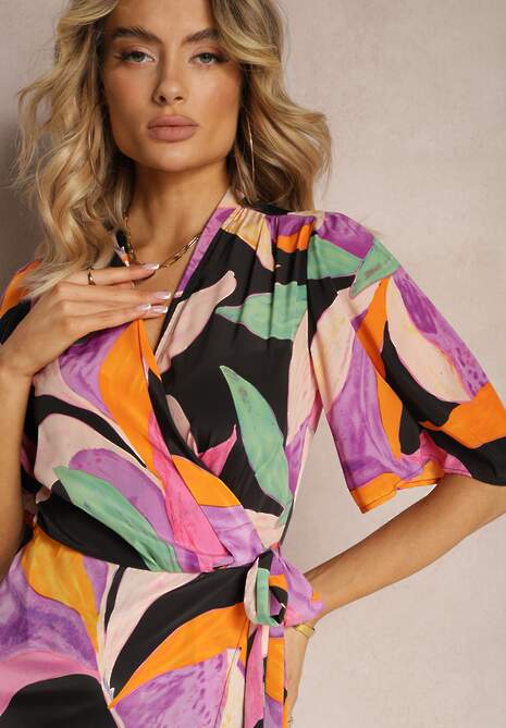 Czarno-Fioletowa Kopertowa Sukienka z Materiałowym Paskiem w Talii Ruspia