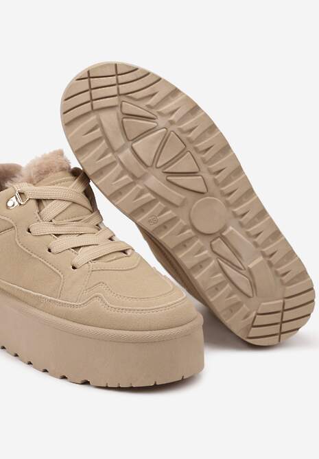 Ciemnobeżowe Sneakersy Stylizowane na Śniegowce Ozdobione Futerkiem Maviena