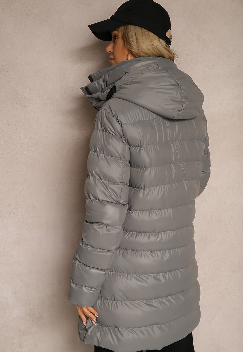 Ciemnoszara Zimowa Kurtka z Ukośnym Pikowaniem i Nieodpinanym Kapturem Siaritha