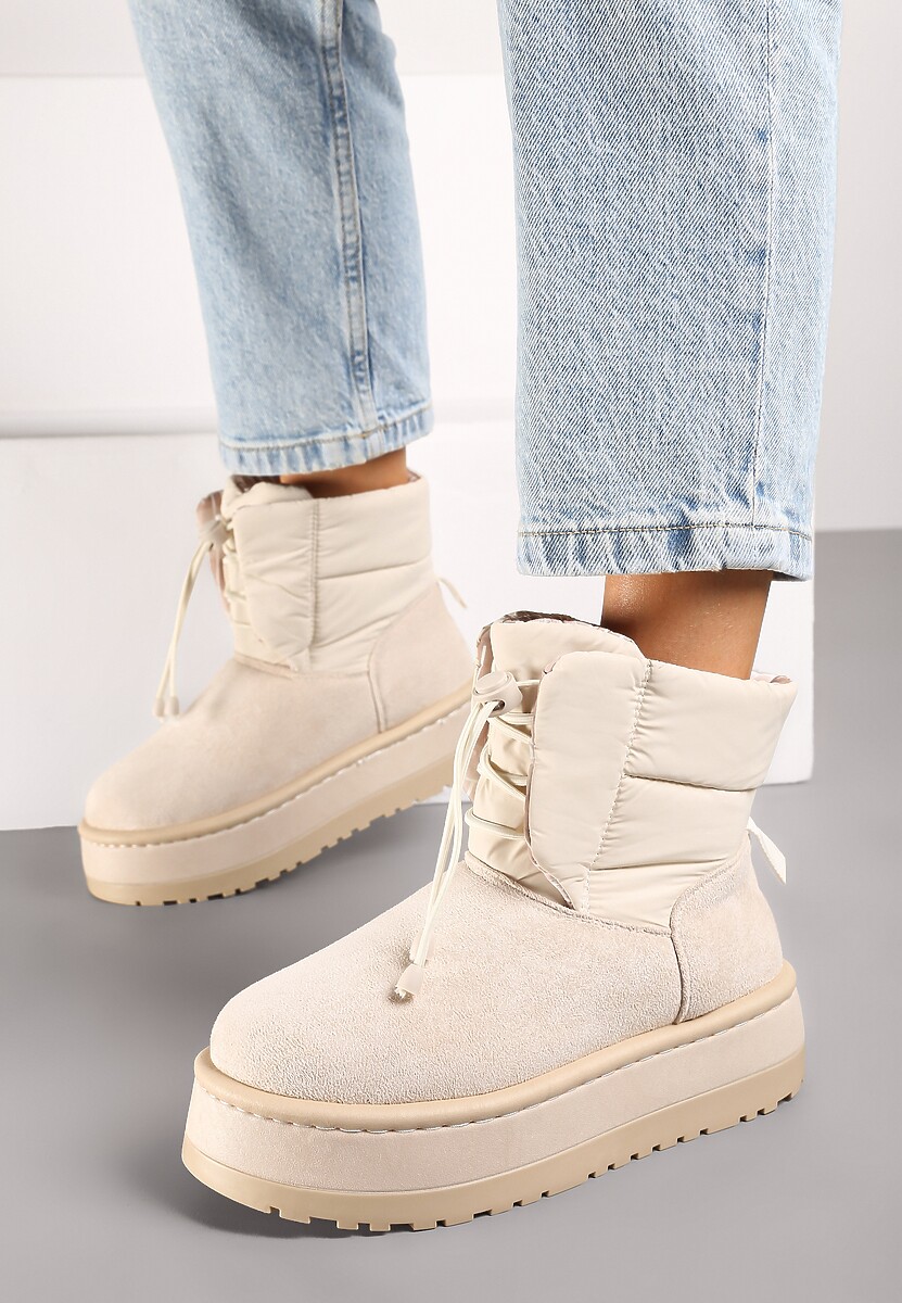 Beżowe Śniegowce na Platformie z Pikowaną Cholewką Ściągaczem i Sznurowaniem Mazirina