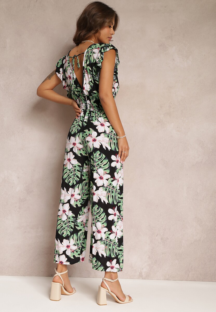Czarno-Zielony Długi Kombinezon Bawełniany w Kwiaty Vegita