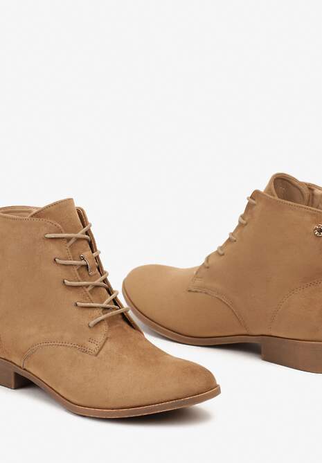 Ciemnobeżowe Wiązane Botki na Płaskiej Podeszwie Erithara