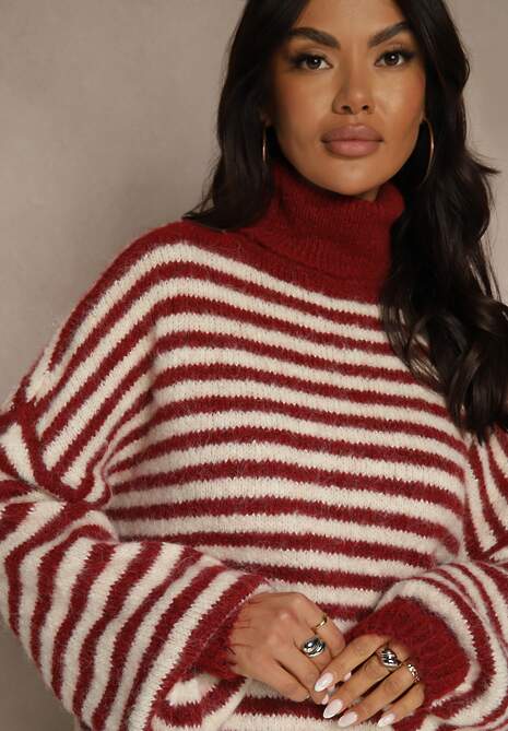 Bordowy Golf z Dodatkiem Wełny Ozdobiony Paskami Monarria