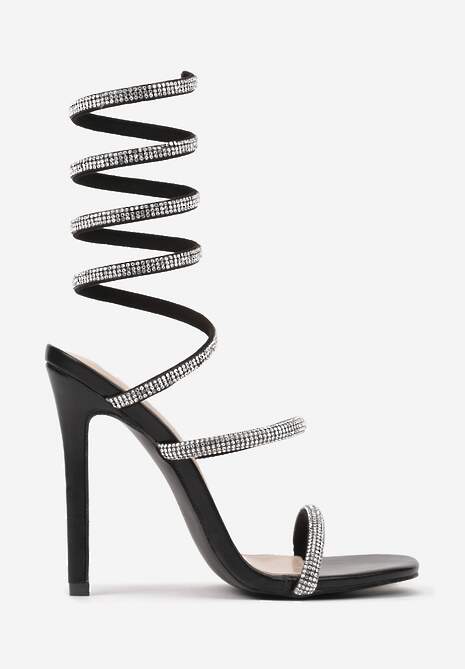 Czarne Sandały na Obcasie Ozdobione Cyrkoniową Sprężyną na Łydkę Nelesi