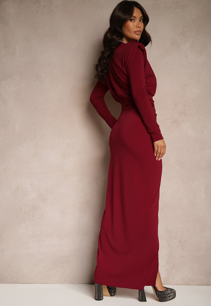 Bordowa Dopasowana Sukienka Koktajlowa Ozdobiona Marszczeniem Besni