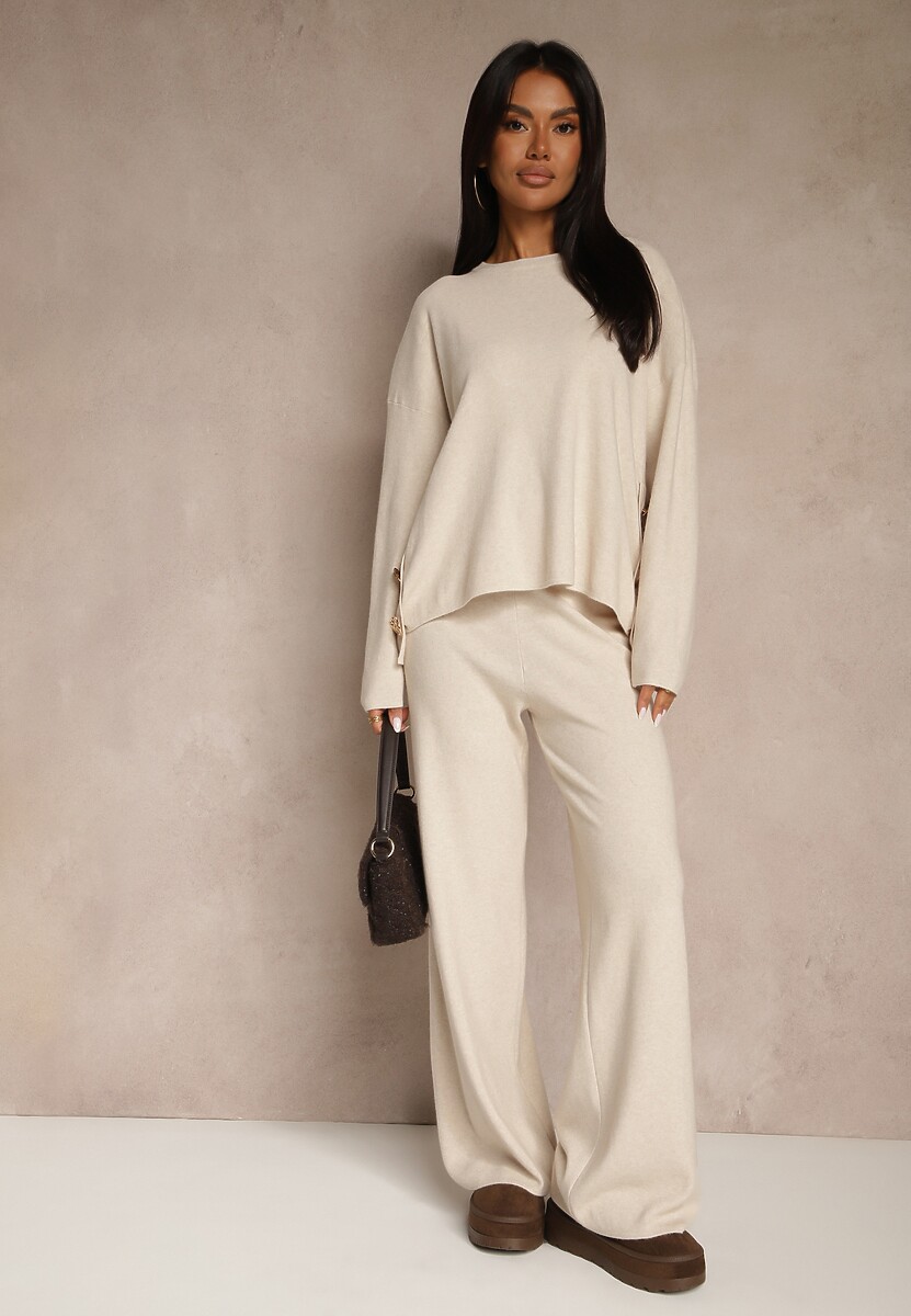 Jasnobeżowy Komplet z Dzianiny z Wiskozą Spodnie Wide Leg i Sweter ze Zdobieniami Miomea