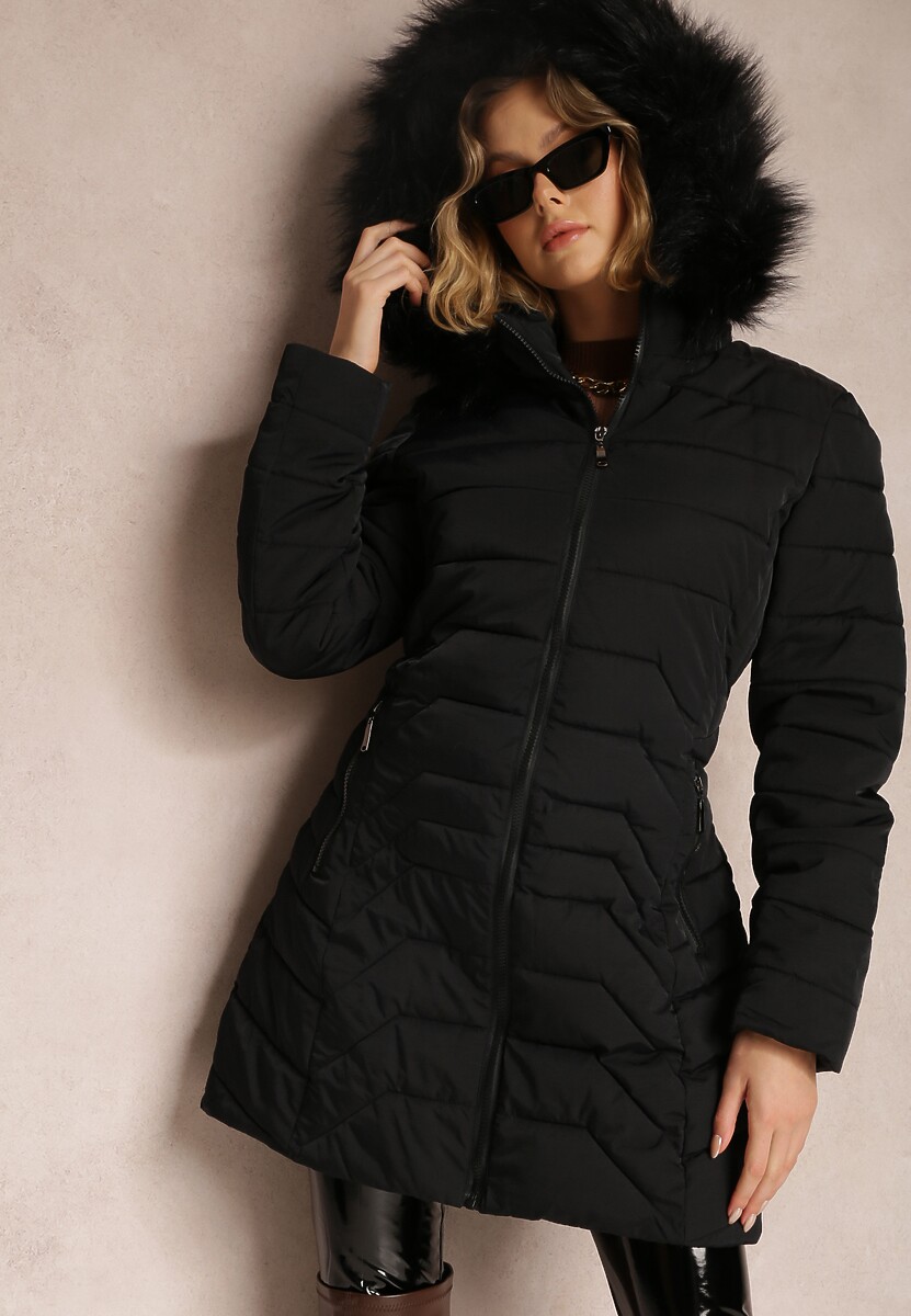 Czarna Kurtka Do Kolan z Kapturem i Pikowaniem Blabe