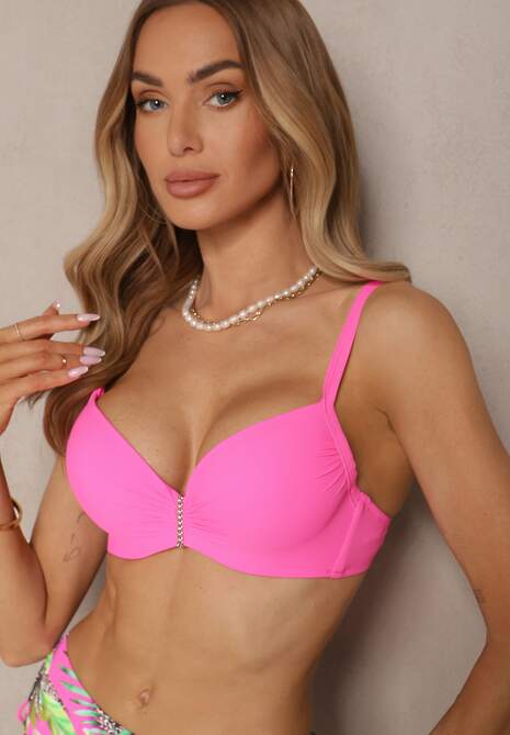 Fuksjowe Bikini z Motywem Roślinnym Biustonosz i Majtki Figi ze Ściągaczami Sadorene