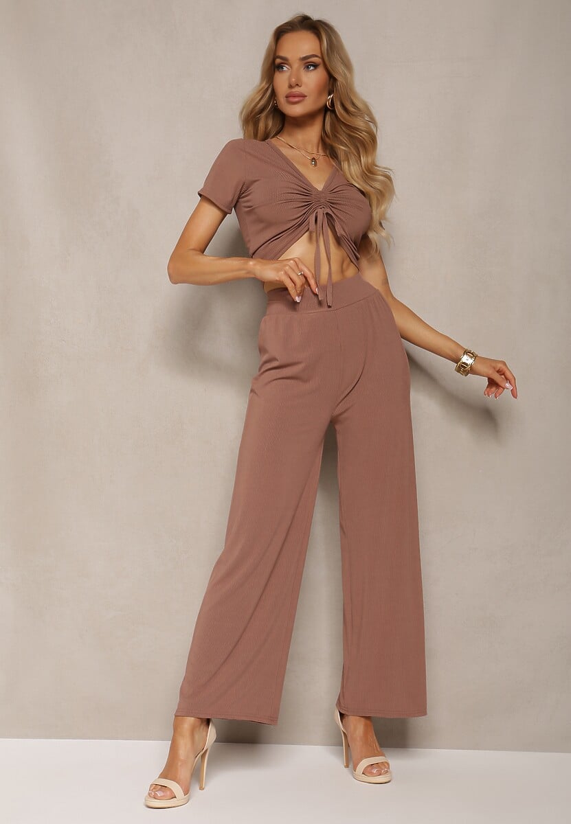 Ciemnobeżowy Komplet Koszulka ze Ściągaczem Szerokie Spodnie z Gumką w Talii Tolan