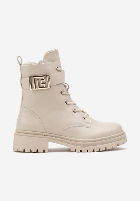 Beżowe Botki Workery na Płaskiej Podeszwie Ozdobione Paskiem z Klamrą Betida