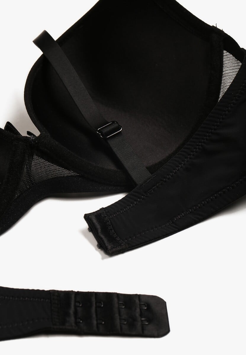 Czarny Biustonosz Push Up Ozdobiony Kwiatowym Wzorem i Kokardką Amaril