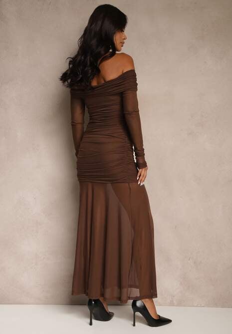 Brązowa Koktajlowa Sukienka z Prześwitującymi Rękawami i Marszczeniem Haludea