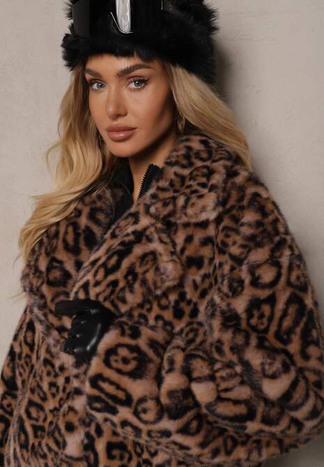 Brązowa Futrzana Kurtka w Panterkowy Print z Kieszeniami Delinnea