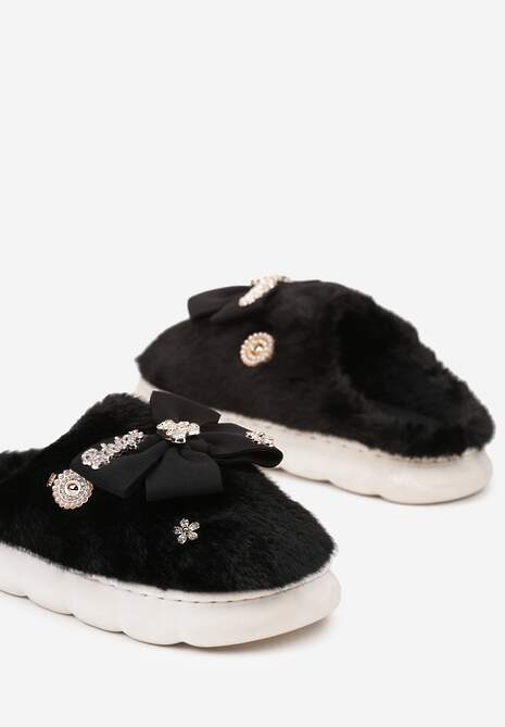 Czarne Kapcie na Płaskiej Podeszwie z Futerkiem Kokardą i Cyrkoniami Mianoria