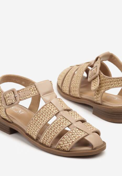 Ciemnobeżowe Sandały Ozdobione Plecionką Zapinane na Sprzączkę Liaseria