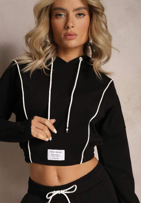 Czarny Dzianinowy Komplet Dresowy z Bawełny z Naszywkami Akbutol