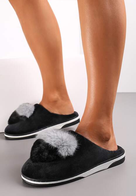 Czarne Kapcie z Pomponem w Kształcie Serduszka z Futerka Rafima
