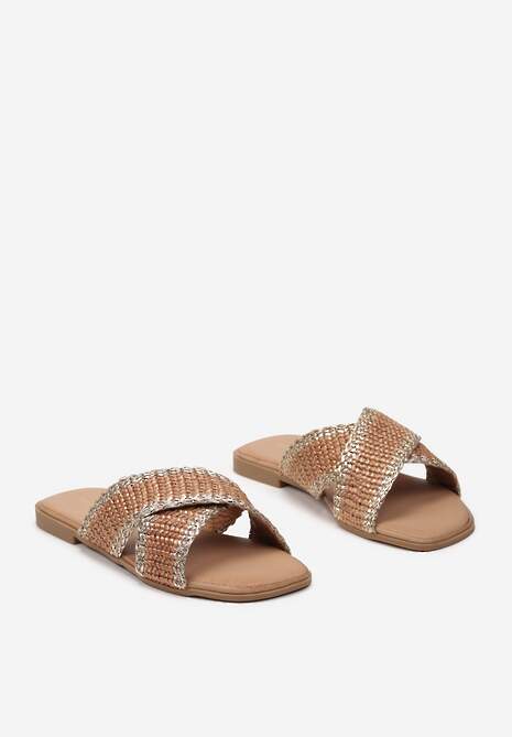 Brązowe Ozdobnie Plecione Klapki na Płaskiej Podeszwie Neirika