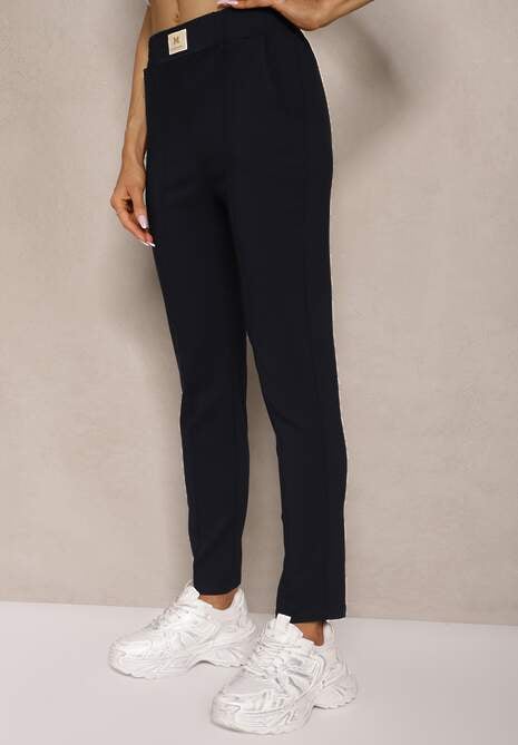 Granatowe Spodnie High Waist z Elastycznego Materiału Wykończone Gumką Rigadona