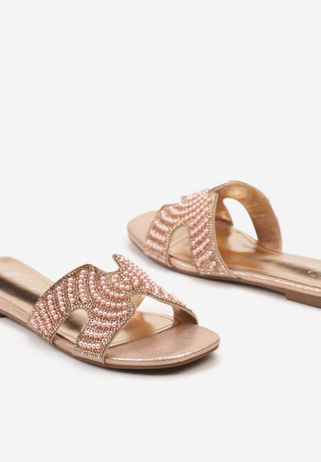 Różowe Klapki na Płaskiej Podeszwie z Cyrkoniami i Koralikami Illiana