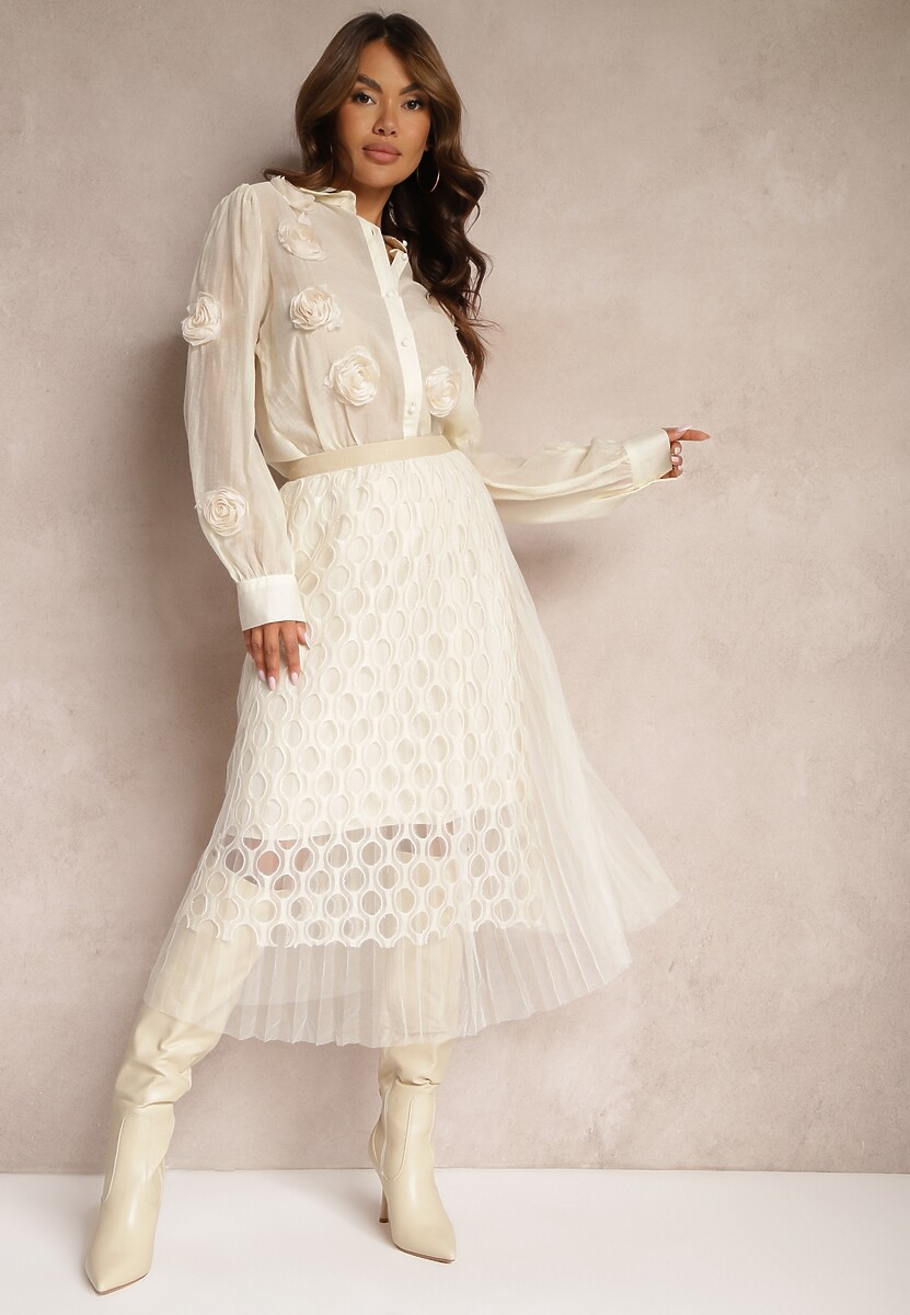 Jasnobeżowa Rozkloszowana Spódnica z Metaliczną Nitką i Tiulową Warstwą Trosa