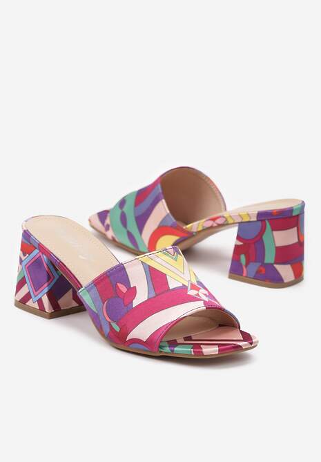 Fioletowe Klapki Satynowe z Kwadratowym Noskiem w Malowniczy Wzór  Biza