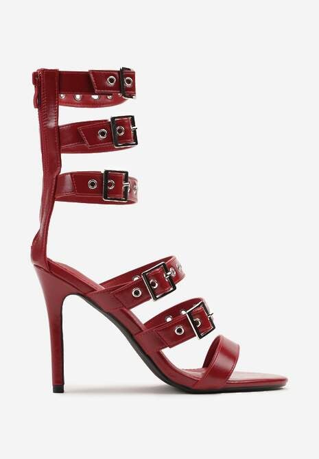 Bordowo-Czerwone Sandały na Szpilce Ozdobione Nitami i Klamrami Dovissa