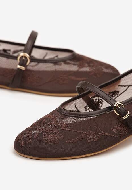 Brązowe Koronkowe Balerinki w Stylu Mary Jane z Haftowanej Siateczki Tilaverra