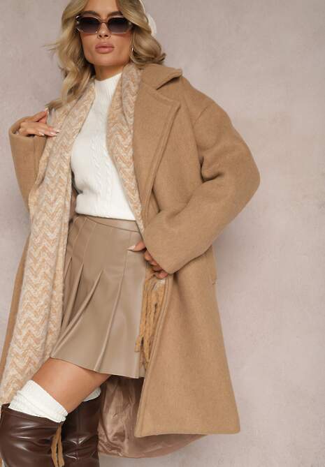 Brązowy  Dwurzędowy Płaszcz Oversize z Wełną Spolete