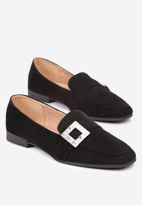 Czarne Mokasyny z Kwadratowym Noskiem i Klamerką w Cyrkonie Maritatia