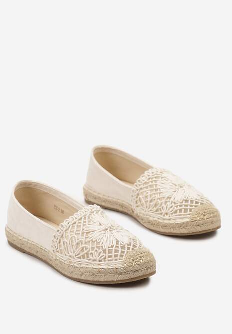 Beżowe Płaskie Espadryle z Ażurową Wstawką na Nosku i Plecioną Podeszwą Rowenas