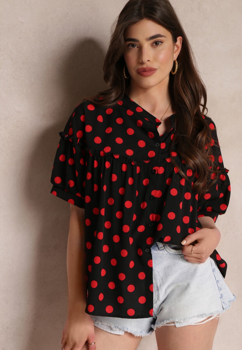 Różowa Bluzka w Kropki z Guzikami o Rozszerzanym Fasonie Bislia